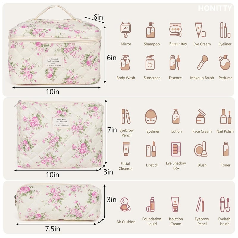 honitty Makeup Bag,Quilted Cosmetic Bags,Large Floral Make Up Organize bag,Makeup Bag Set for Women,Flower Travel Toiletry Bag - Image 2